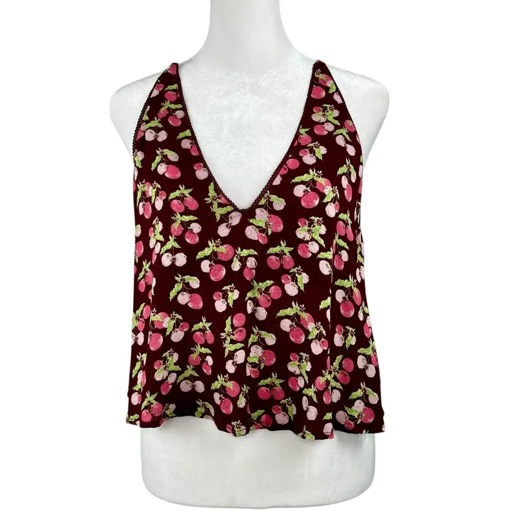 Free People Intimately Worth It Fruit Print Cami Tank Top Burgundy Wine Small